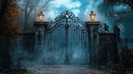Illuminated ornate cemetery gates with glowing lanterns and intricate ironwork against misty blue twilight creating haunting gothic atmosphere