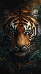 This close-up showcases a tiger's fierce beauty with detailed fur and intense green eyes set against a vibrant jungle, ideal for a phone wallpaper