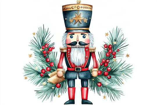 watercolor nutcracker christmas decor with berries and pine clip art preview