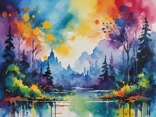 watercolor landscape with river and forest vector painting