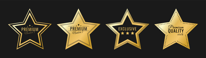 Golden glowing stars for the best product. Vector templates of gold stickers.