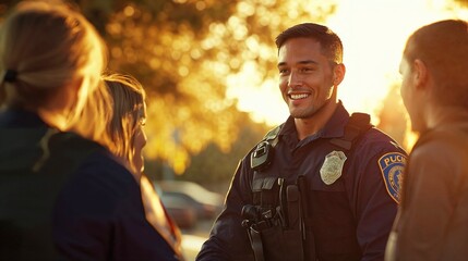Friendly police officer engaging with civilians during golden hour, creating positive community relations image with warm natural lighting