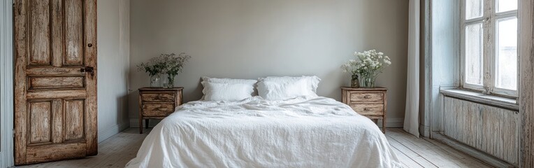 Cozy bedroom showcases soft white bedding with rustic wooden bedside tables, exuding tranquility and comfort