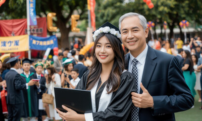 proud graduate poses with her father at vibrant graduation ceremony, surrounded by family and friends celebrating this significant achievement