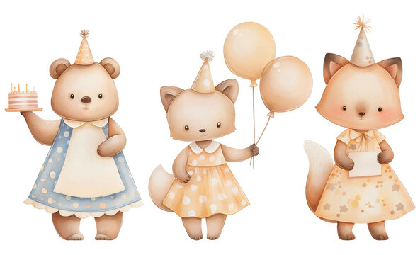 Cute animals birthday watercolor set