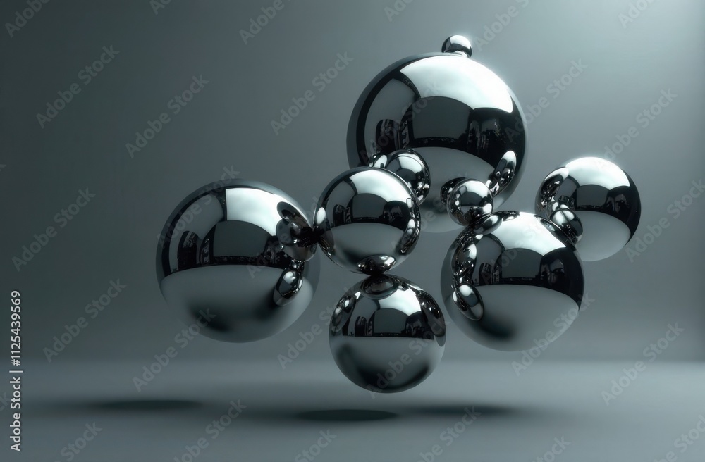 Aufkleber Cluster of chrome orbs of varying sizes, suspended mid-air with intricate reflections, against a gradient smoky gray backdrop
