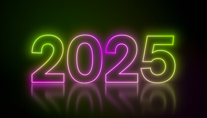Illustration of abstract neon lights with the numbers 2025 in green and magenta over dark background on a reflective floor - represents the new year - vacation concept.