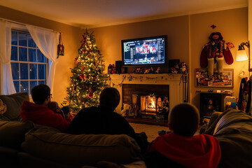 Group of friends watching a live game tackle, intense expressions, bright setting, warm and exciting