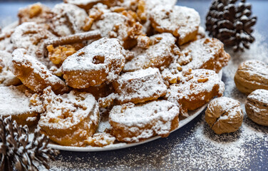 Authentic sweet Christmas French toast served with sugar and cinnamon in a Christmas atmosphere