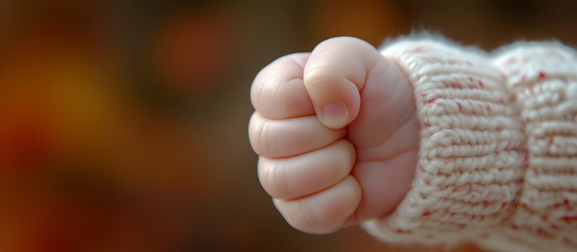A close-up of a baby's tiny clenched fist. The photograph symbolizes tenderness, care and the beginning of life. Copy space.
