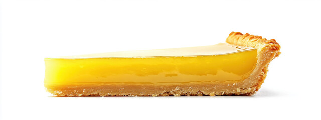 Close-up of a slice of lemon tart with golden crust and glossy lemon filling on a white background, highlighting its vibrant yellow hue and tempting texture.