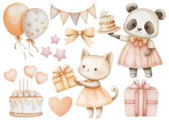 Cute animals birthday watercolor set