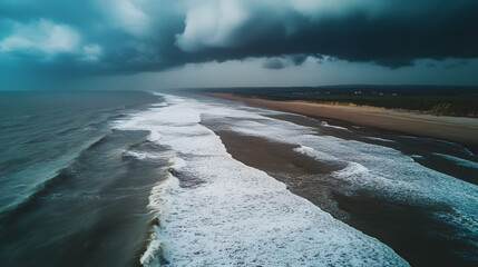 A dramatic aerial shot of a stormy ocean with towering waves and dark clouds looming overhead.