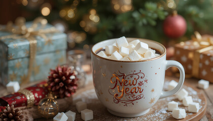 Christmas hot chocolate topped with marshmallows sits among gifts, pine cones, and ornaments, with artificial snow and twinkling lights creating a cozy winter scene.