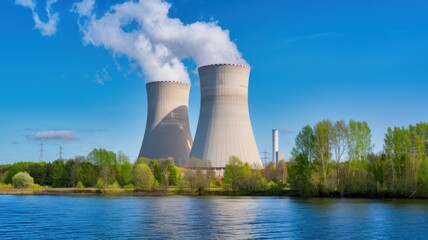 Cooling towers of a nuclear power plant on a natural background of a summer blue sky. Energy concept.