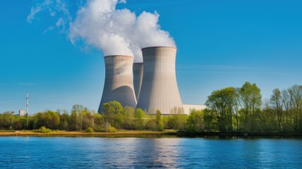 Cooling towers of a nuclear power plant on a natural background of a summer blue sky. Energy concept.