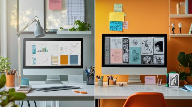 Two contrasting workspaces highlight a minimalist setup with charts and an artistic display filled with sketches and colors for inspiration. Generative AI