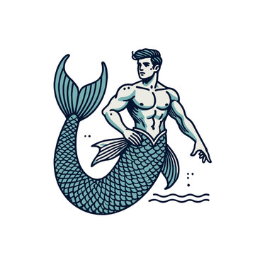 A muscular merman pointing forward, ideal for bold fantasy illustrations, aquatic branding, or creative ocean-themed designs. Isolated vector illustration