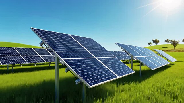 Solar Panel Installation in a Green Field Under Bright Sunlight for Renewable Energy Production

