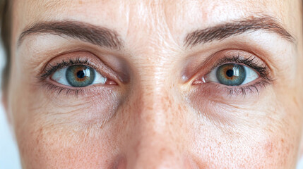 Fototapeta premium Close-up of a woman's blue eyes with natural skin texture and freckles