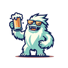 A happy yeti with sunglasses and a frothy beer mug, ideal for winter-themed party designs, bar logos, or fun branding concepts. Isolated vector illustration on a white background.