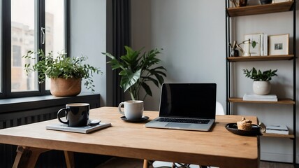 Cozy Home Office Workspace with Laptop, Coffee, and Plants