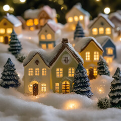 Naklejka premium Christmas village, snow-covered houses with garlands and decorations, bright lights against the winter night, joyful mood and festive atmosphere
