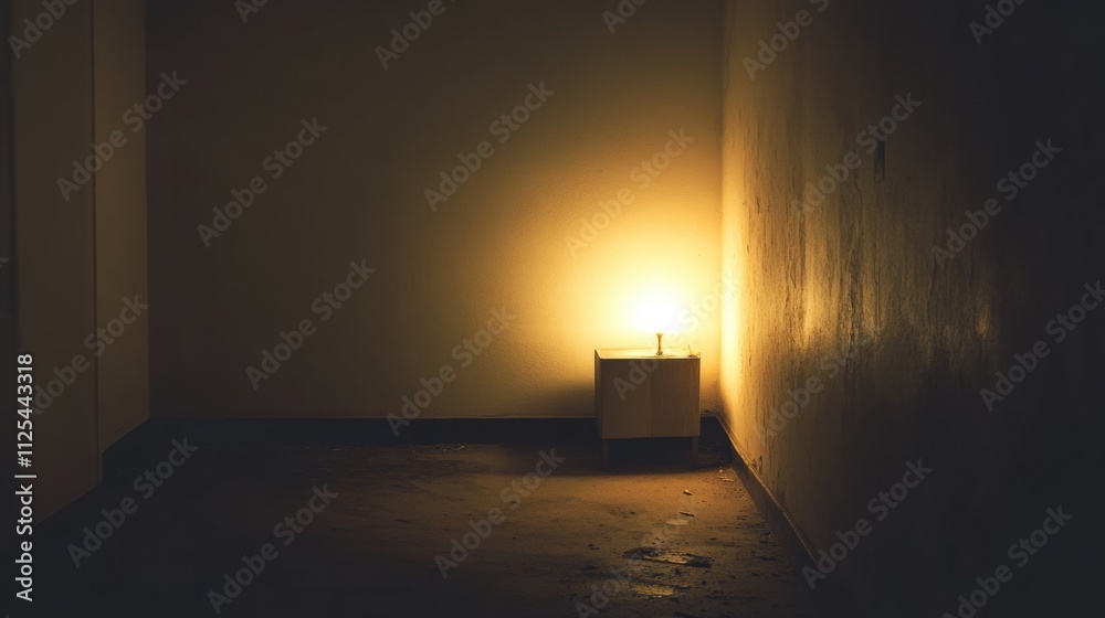 Aufkleber A small light source brightens a dark, empty room, highlighting the sense of isolation and providing blank space for textual elements. Generative AI