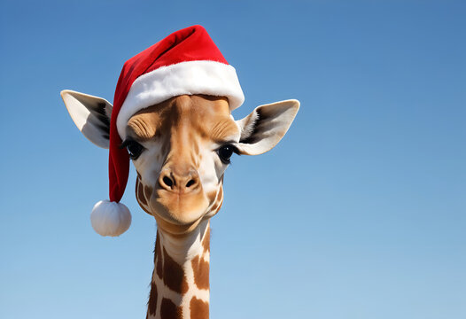 Adorable Giraffe Wearing Santa Hat, Christmas Cheer, Festive Animal - Powered by Adobe