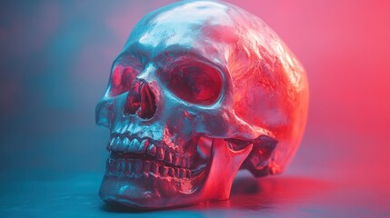 Metallic skull illuminated by red and blue light.