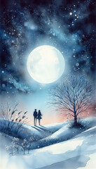 Fototapeta premium A romantic couple silhouetted under a glowing full moon in a snowy winter landscape. The scene captures the magic of a starry night, serene nature, and timeless love.