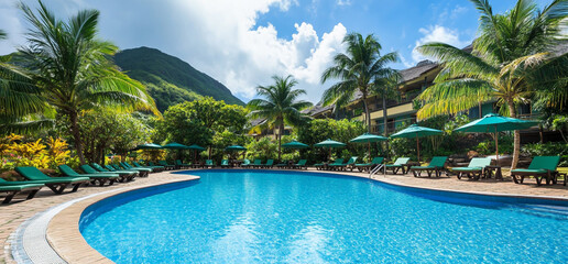 Obraz premium A luxurious hotel resort in classy green and blue tones, set against the backdrop