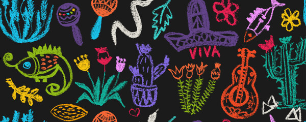 Vector seamless pattern with  Mexican  shapes . Ethnic border Aztec and Mayan. Mexican shapes, sign and symbol. Set of various elements drawn with charcoal pencil,  fish; cactus; sambrero; guitar; 