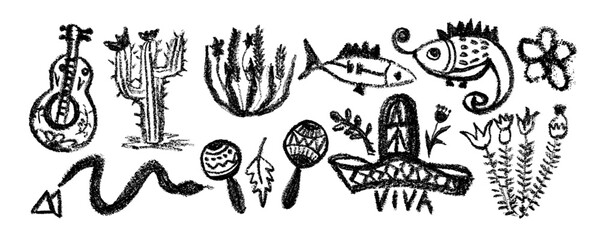 Set of abstract Mexican tribal geometric shapes, ancient ethnic traditional symbols and ornate signs. Hand-drawn oriental elements in doodle style. Isolated colored flat vector illustrations