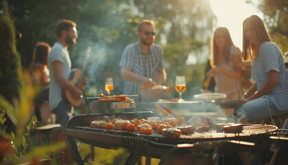Group of friends having party outdoors. Focus on barbecue grill with food. Space for text