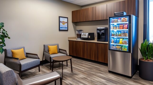 Modern office break room with seating, coffee maker, and snack vending machine.