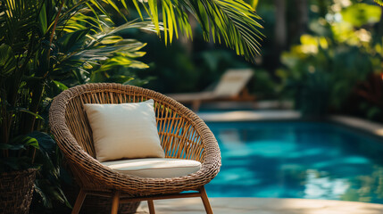 Wicker chair with cushion near a pool surrounded by tropical plants. Luxury outdoor relaxation and vacation concept. Design for travel articles, advertisements, and lifestyle promotions.