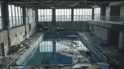 Fototapeta premium Abandoned Indoor Swimming Pool with Deteriorating Infrastructure