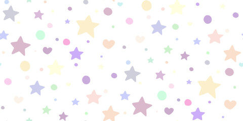 Flying pink stars confetti isolated on white. Beautiful seamless random stellar falling in cartoon style. Pattern of color stars. Vector design for fabric, textile print, wrapping, wallpaper