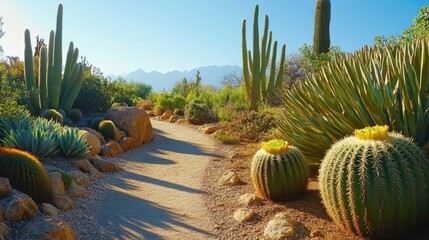 Serene Desert Pathway Surrounded by Vibrant Cacti and Flora