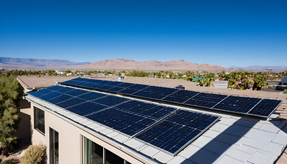 Modern Solar Panels Installed On A Las Vegas Home Under Clear Blue Sunny Sky, Solar Photography, Solar Powered Clean Energy, Sustainable Resources, Electricity full house is visible.