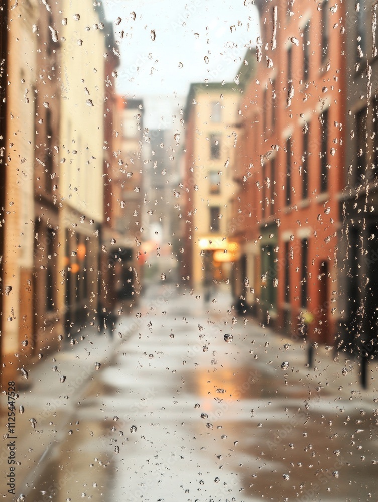 Aufkleber Raindrops gather on a window while an empty street unfolds, providing a tranquil view of a quiet urban area in soft light. Generative AI