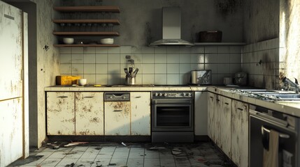 Grungy and Untidy Kitchen Interior in Dim Lighting Atmosphere