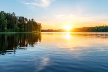 Sunlight bathes the lake in a warm glow as the day transitions to night. Reflections shimmer across the calm water. Nature thrives in this peaceful northern European landscape.