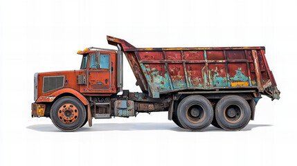 old, dirty dump truck isolated on white, png cutout