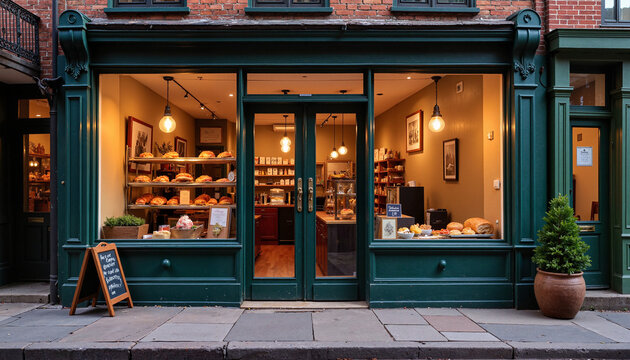 Charming bakery storefront showcases artisanal breads in a cozy urban setting during twilight hours