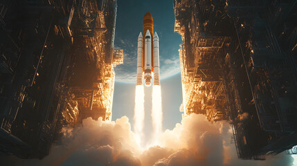 A futuristic heavy-lift rocket launching from a high-tech spaceport surrounded by advanced infrastructure.