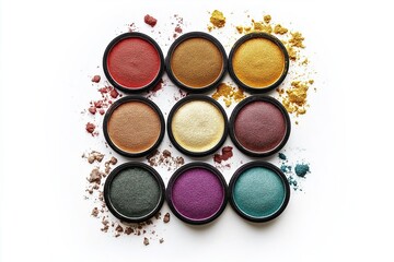 Jars of colorful makeup eyeshadows, top view, isolated on a white background