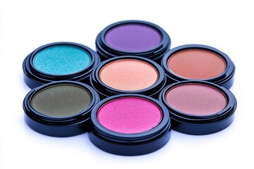 Jars of colorful eyeshadows on a white background, cosmetic samples
