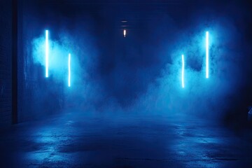Dark empty street, dark blue background, empty dark stage, neon light, spotlights. 